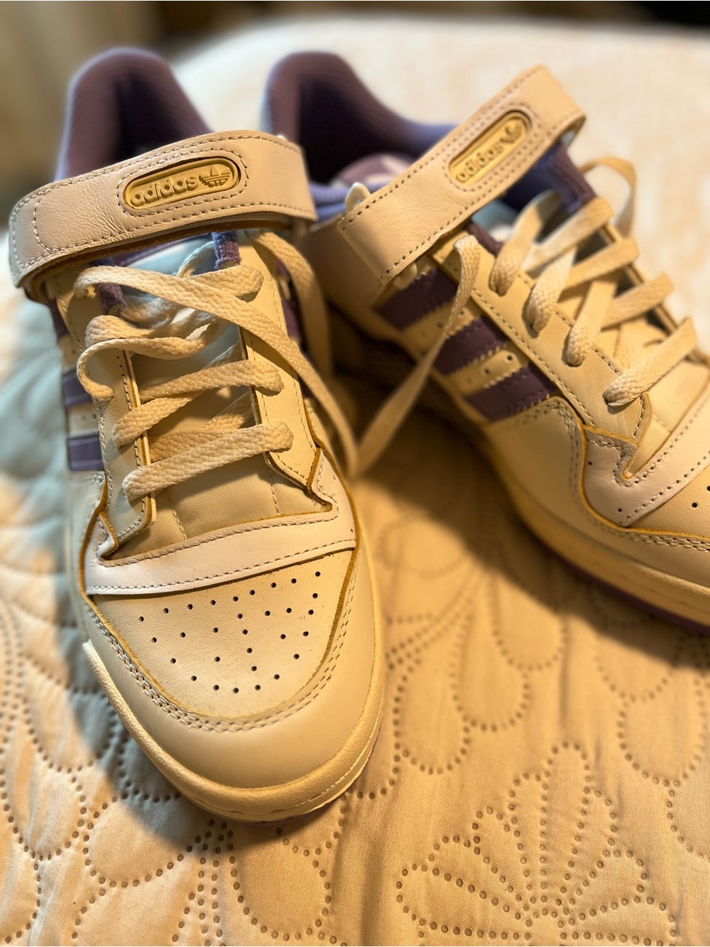 adidas Women’s Cream Sneakers with Purple Stripes